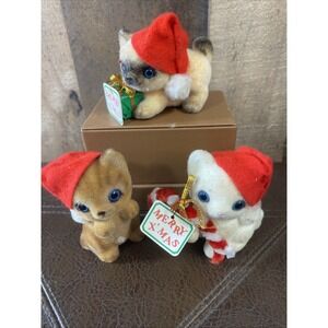 Vintage Josef Originals Flocked Christmas Kittens Japan Santa Hats Candy Cane